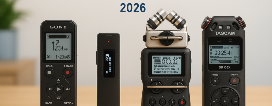 Row of 11 voice recorders and handheld digital recorders for interviews and EVP, assorted models on white background