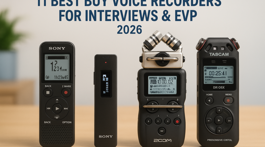 Row of 11 voice recorders and handheld digital recorders for interviews and EVP, assorted models on white background
