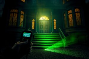 Person with green flashlight and handheld device exploring a dark, eerie house entrance at night on a ghost hunt