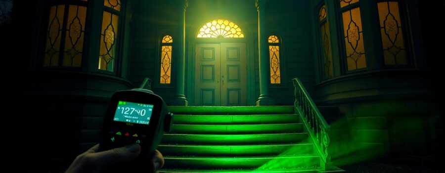 Person with green flashlight and handheld device exploring a dark, eerie house entrance at night on a ghost hunt