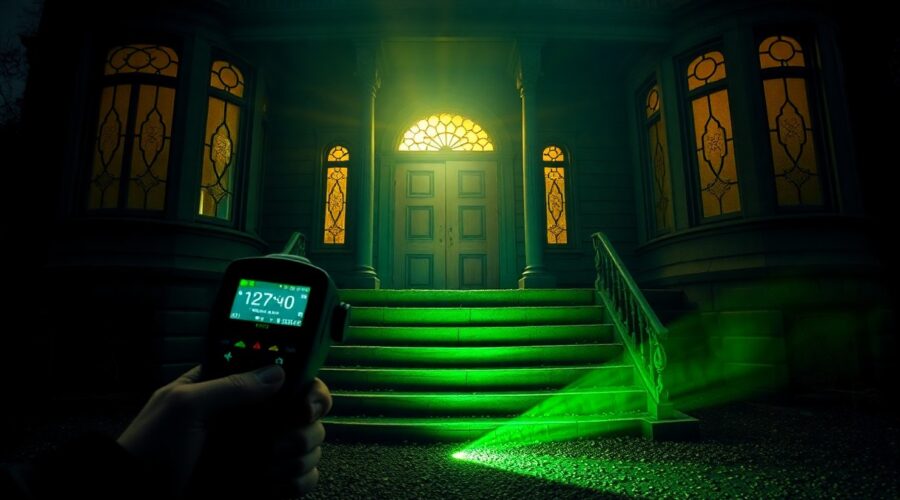 Person with green flashlight and handheld device exploring a dark, eerie house entrance at night on a ghost hunt