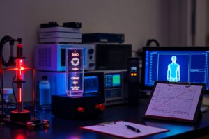 High-tech lab with instruments and glowing digital displays suggesting quantum entanglement research.