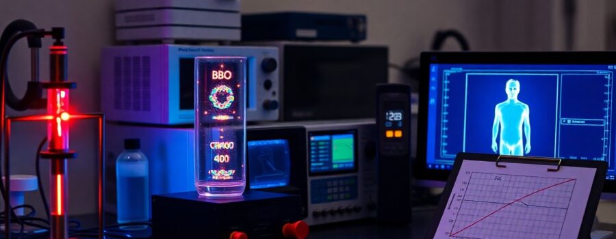 High-tech lab with instruments and glowing digital displays suggesting quantum entanglement research.