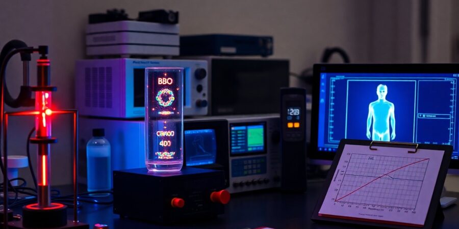 High-tech lab with instruments and glowing digital displays suggesting quantum entanglement research.