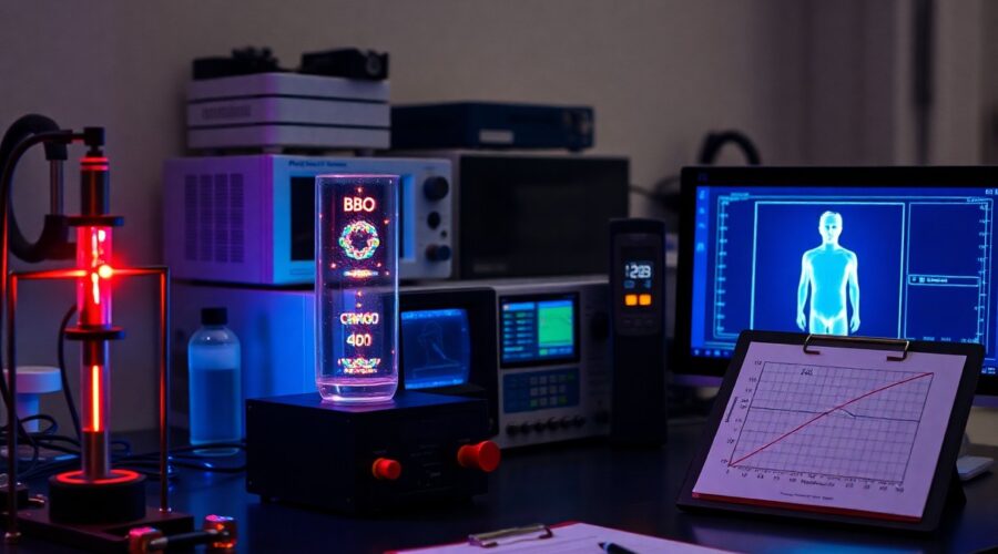 High-tech lab with instruments and glowing digital displays suggesting quantum entanglement research.