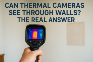 Hand-held thermal camera pointed at a wall showing text asking if thermal cameras can see through walls