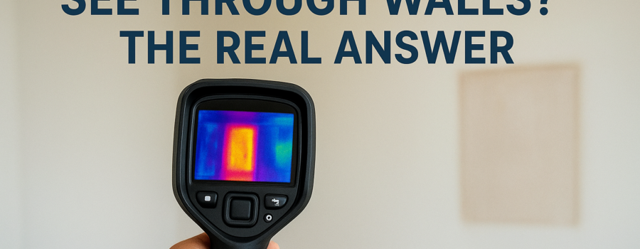Hand-held thermal camera pointed at a wall showing text asking if thermal cameras can see through walls