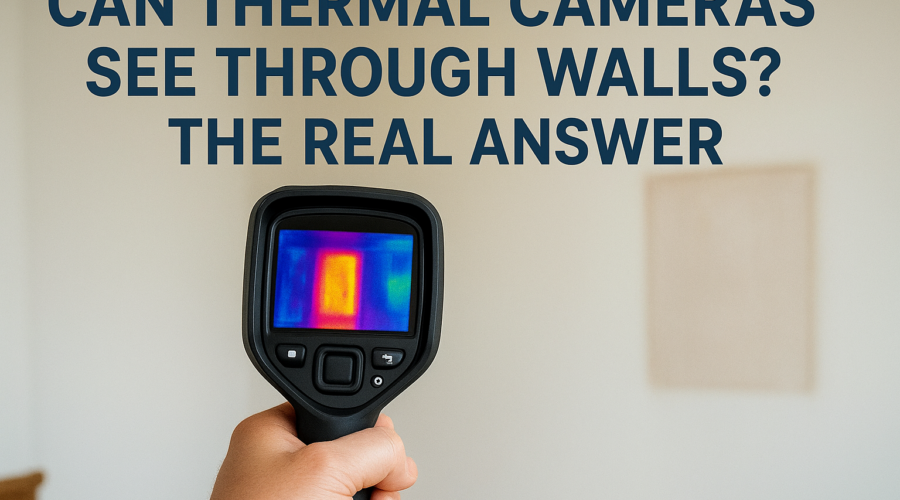 Hand-held thermal camera pointed at a wall showing text asking if thermal cameras can see through walls