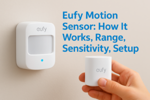 Eufy motion sensor next to a setup guide illustrating its detection range, sensitivity settings, and how it works.