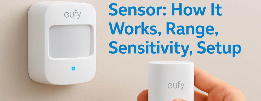 Eufy motion sensor next to a setup guide illustrating its detection range, sensitivity settings, and how it works.