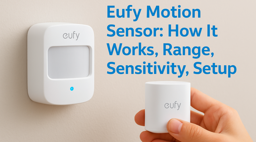 Eufy motion sensor next to a setup guide illustrating its detection range, sensitivity settings, and how it works.