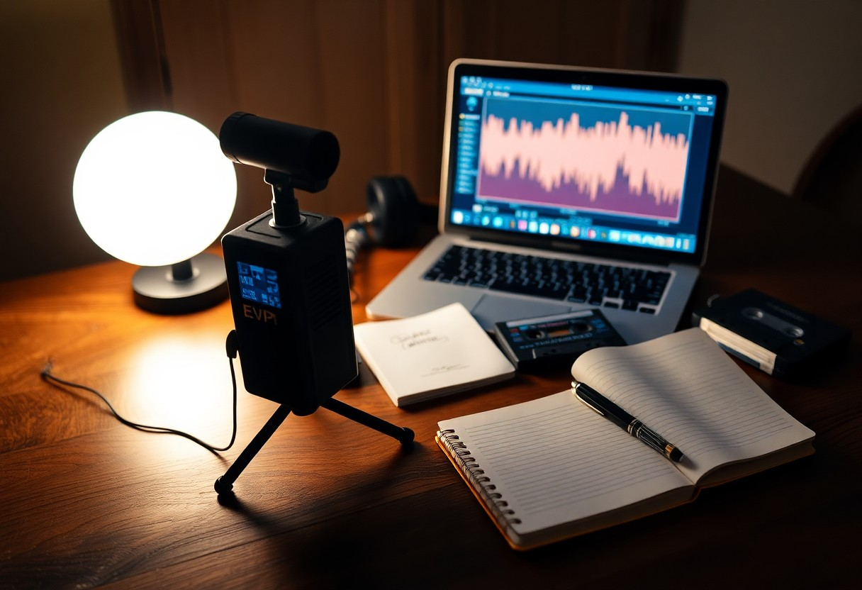 Podcast recording setup with microphone, laptop showing audio editing software, and notebook on a wooden desk