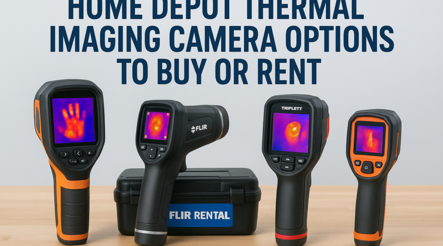 Display of Home Depot thermal imaging cameras with price tags and rent-or-buy signage