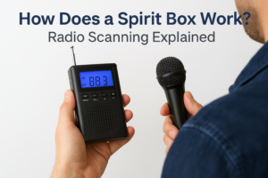Person holding a spirit box and microphone demonstrating radio scanning with static and shifting stations.