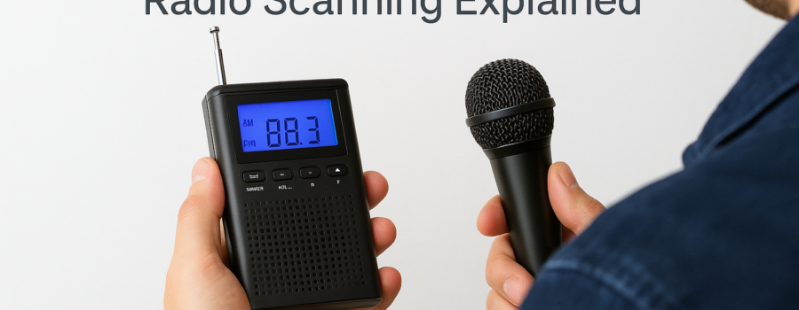 Person holding a spirit box and microphone demonstrating radio scanning with static and shifting stations.