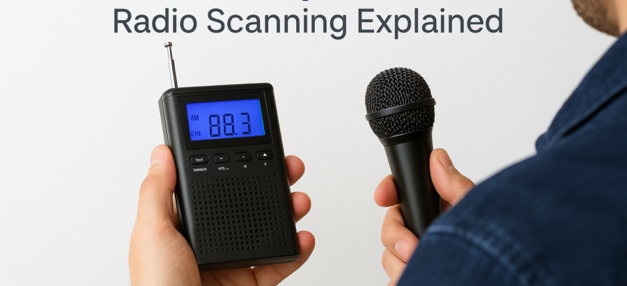 Person holding a spirit box and microphone demonstrating radio scanning with static and shifting stations.