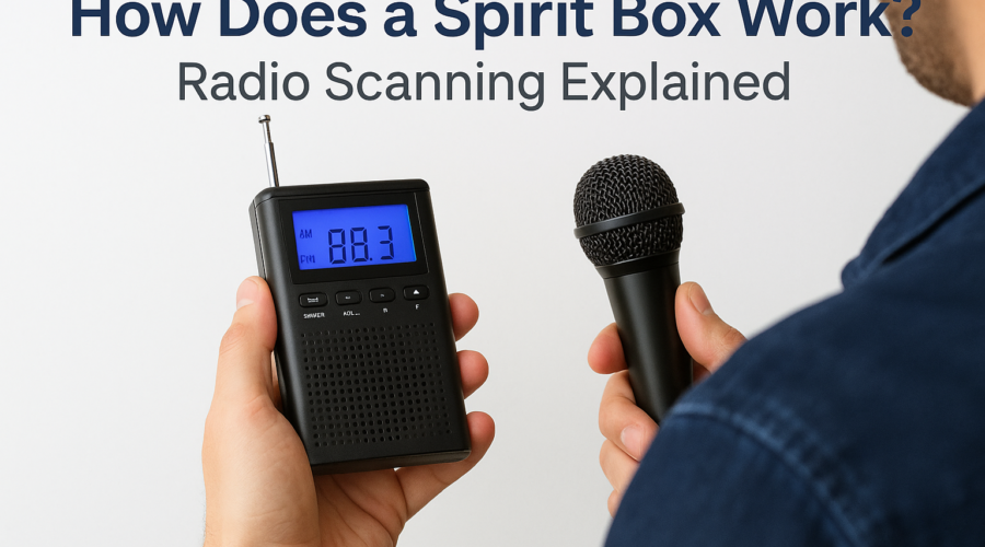 Person holding a spirit box and microphone demonstrating radio scanning with static and shifting stations.
