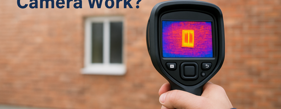 Hand holding a thermal camera displaying heat signatures on a brick wall, with text 'How Does a Thermal Camera Work?'