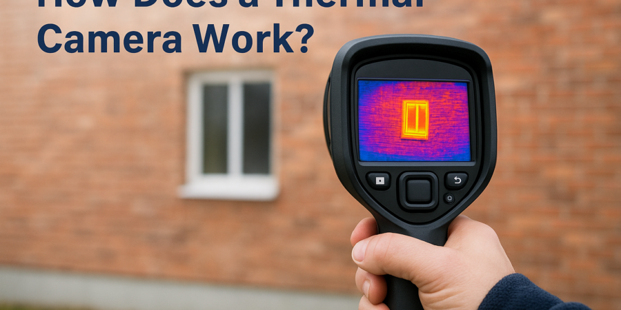 Hand holding a thermal camera displaying heat signatures on a brick wall, with text 'How Does a Thermal Camera Work?'