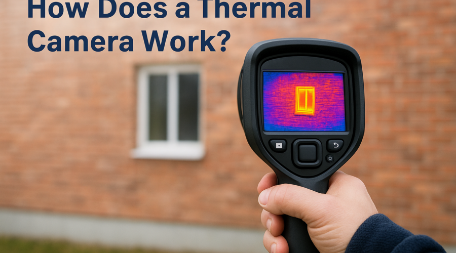 Hand holding a thermal camera displaying heat signatures on a brick wall, with text 'How Does a Thermal Camera Work?'