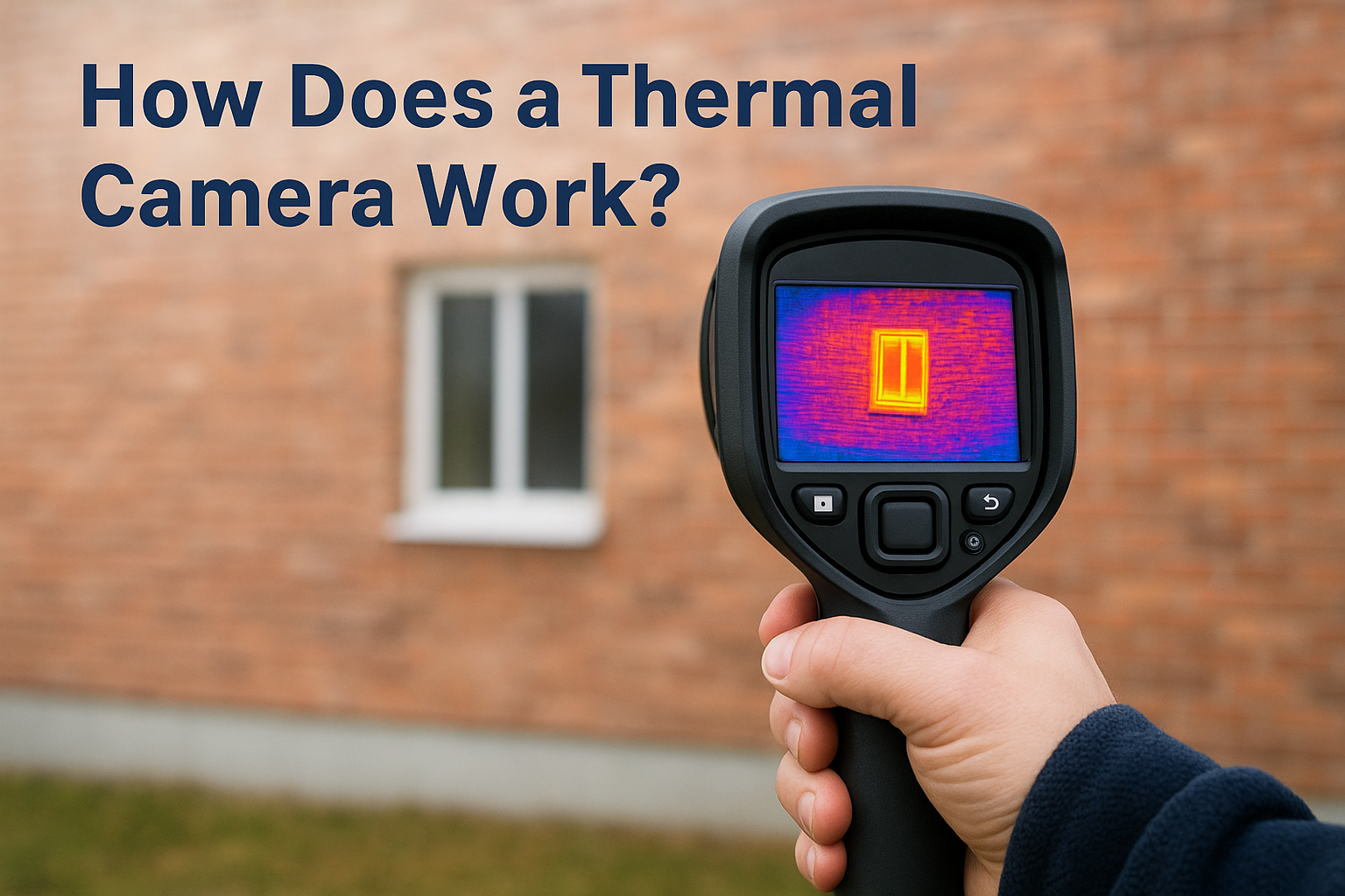 Hand holding a thermal camera displaying heat signatures on a brick wall, with text 'How Does a Thermal Camera Work?'