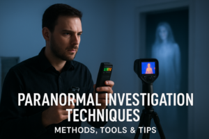 Investigator using paranormal investigation tools while a translucent ghostly figure appears in the background.