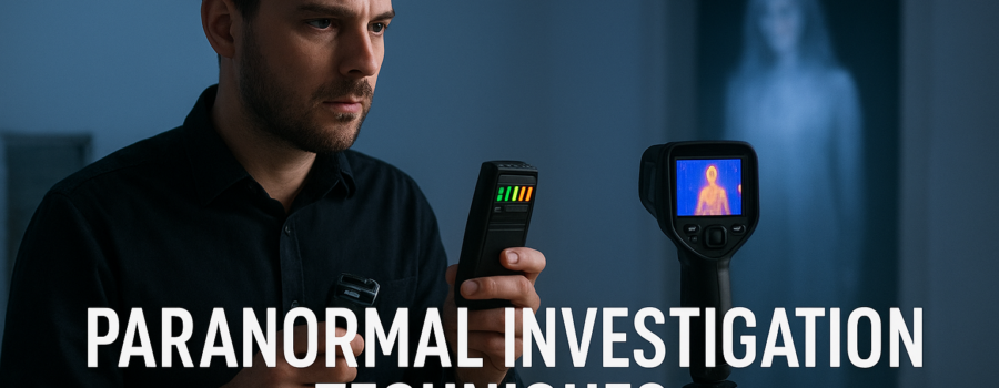 Investigator using paranormal investigation tools while a translucent ghostly figure appears in the background.