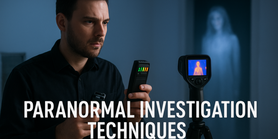 Investigator using paranormal investigation tools while a translucent ghostly figure appears in the background.