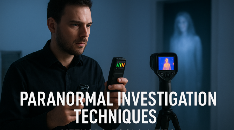 Investigator using paranormal investigation tools while a translucent ghostly figure appears in the background.