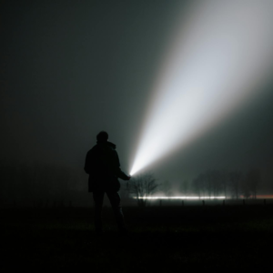 Person silhouette shining bright flashlight into foggy night outdoors