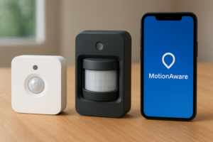 Two Philips Hue motion sensors beside a smartphone showing the MotionAware app on a wooden surface.