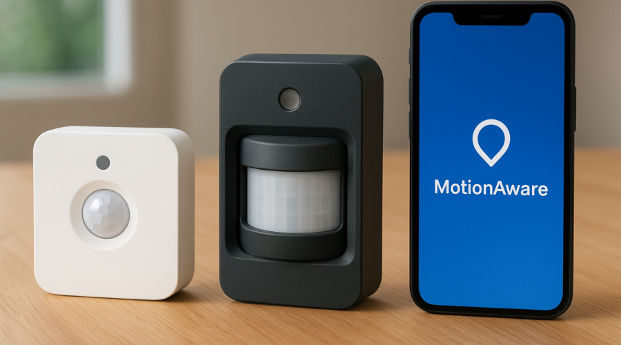 Two Philips Hue motion sensors beside a smartphone showing the MotionAware app on a wooden surface.