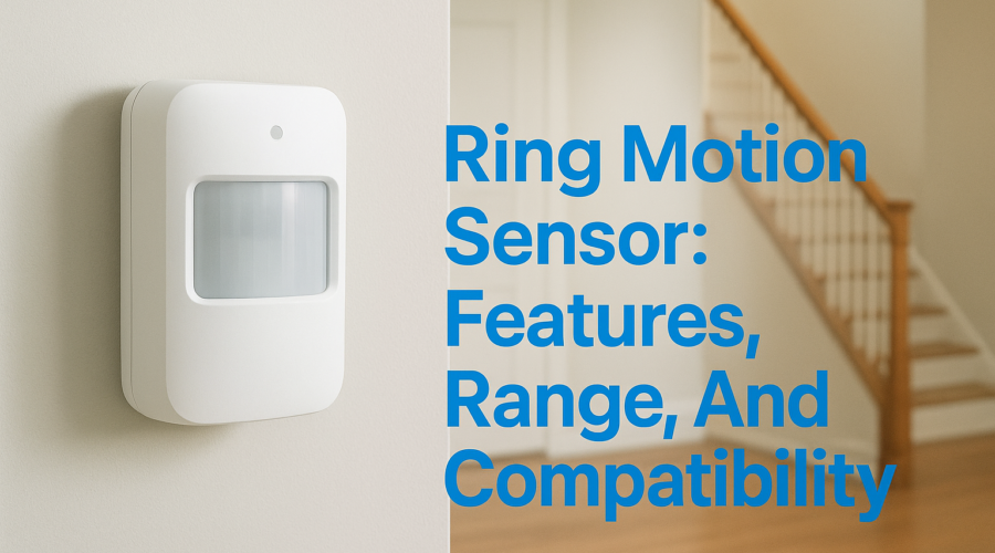 Ring motion sensor mounted on wall with text calling out features, detection range, and compatibility.