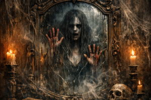 Horror movie poster of a ghostly woman trapped inside a haunted mirror, surrounded by candles, a skull, and old books
