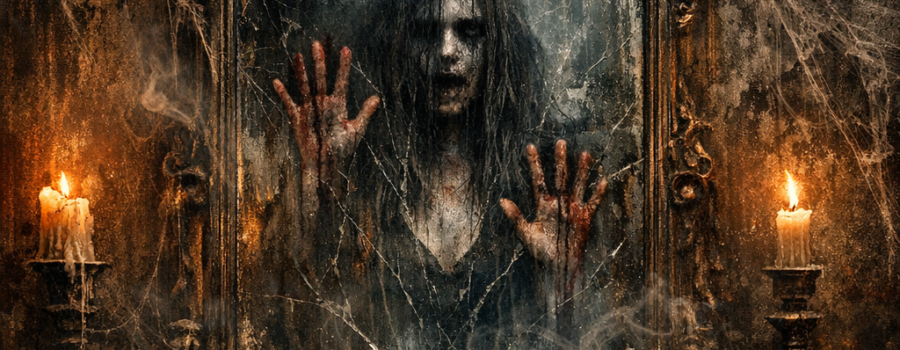 Horror movie poster of a ghostly woman trapped inside a haunted mirror, surrounded by candles, a skull, and old books