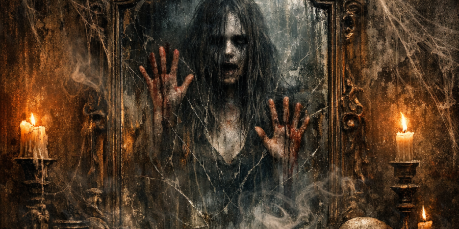 Horror movie poster of a ghostly woman trapped inside a haunted mirror, surrounded by candles, a skull, and old books