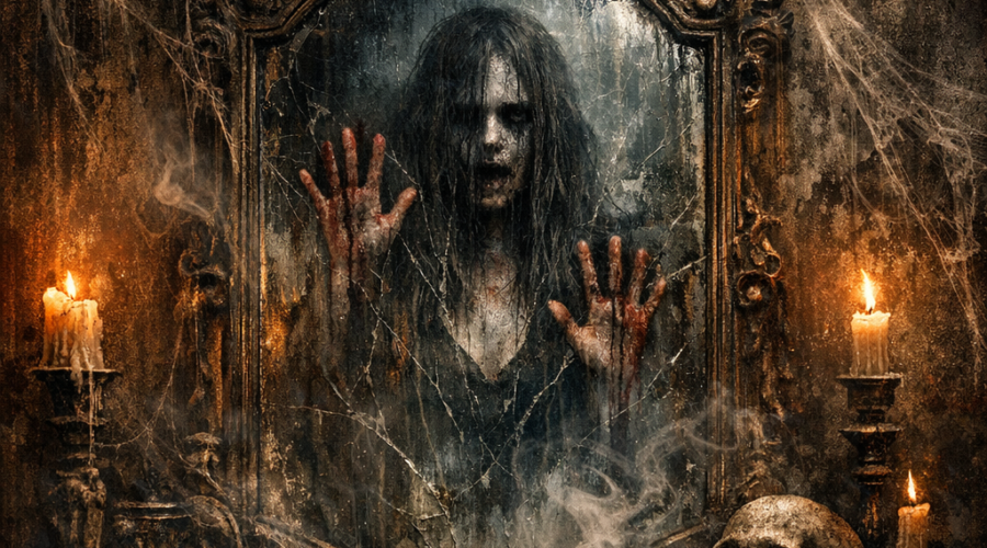 Horror movie poster of a ghostly woman trapped inside a haunted mirror, surrounded by candles, a skull, and old books