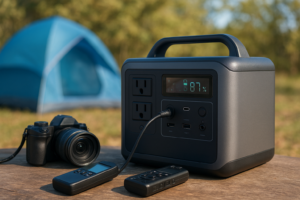 Portable power station charging electronic devices beside tent and cooler at campsite