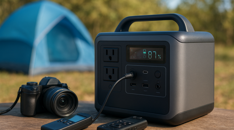 Portable power station charging electronic devices beside tent and cooler at campsite