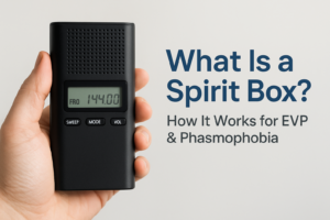Hand holding a spirit box device beside explanatory text about EVP and phasmophobia