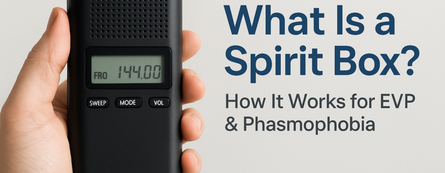 Hand holding a spirit box device beside explanatory text about EVP and phasmophobia