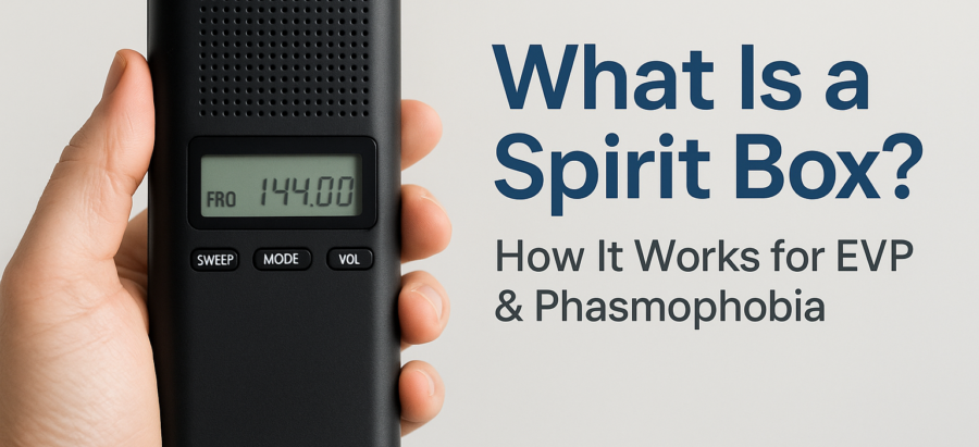Hand holding a spirit box device beside explanatory text about EVP and phasmophobia