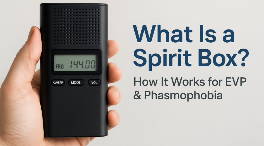 Hand holding a spirit box device beside explanatory text about EVP and phasmophobia