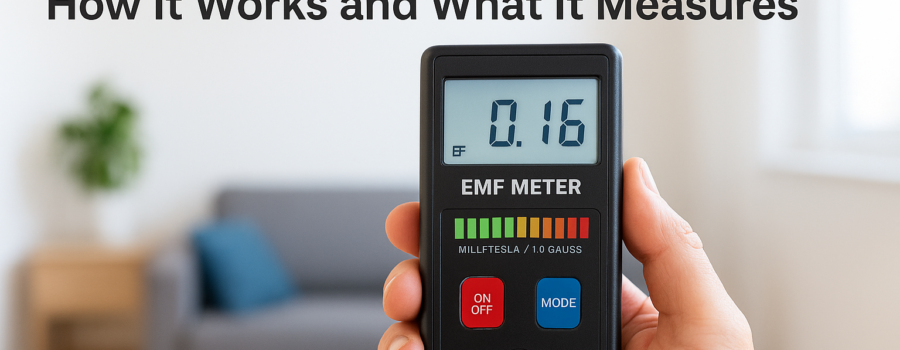 Hand holding an EMF meter with digital reading in a modern living room
