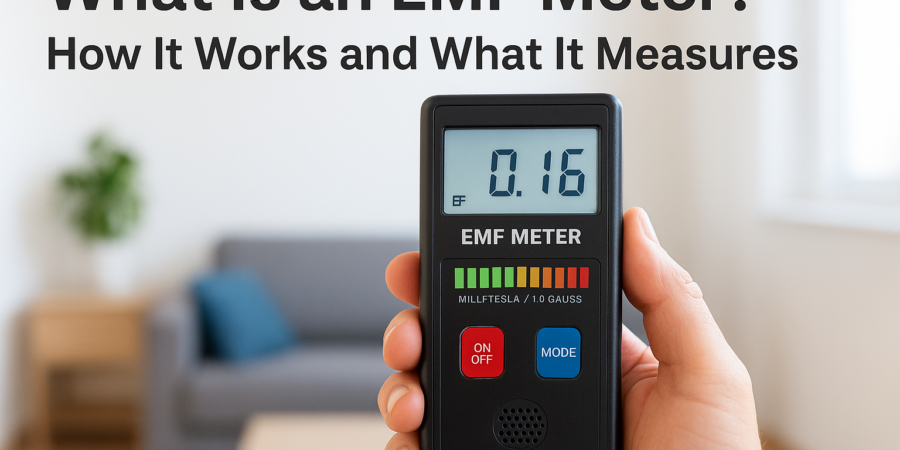 Hand holding an EMF meter with digital reading in a modern living room
