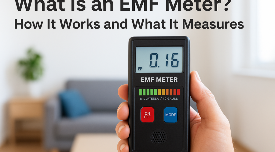 Hand holding an EMF meter with digital reading in a modern living room