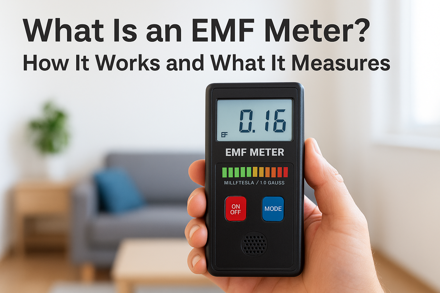 Hand holding an EMF meter with digital reading in a modern living room