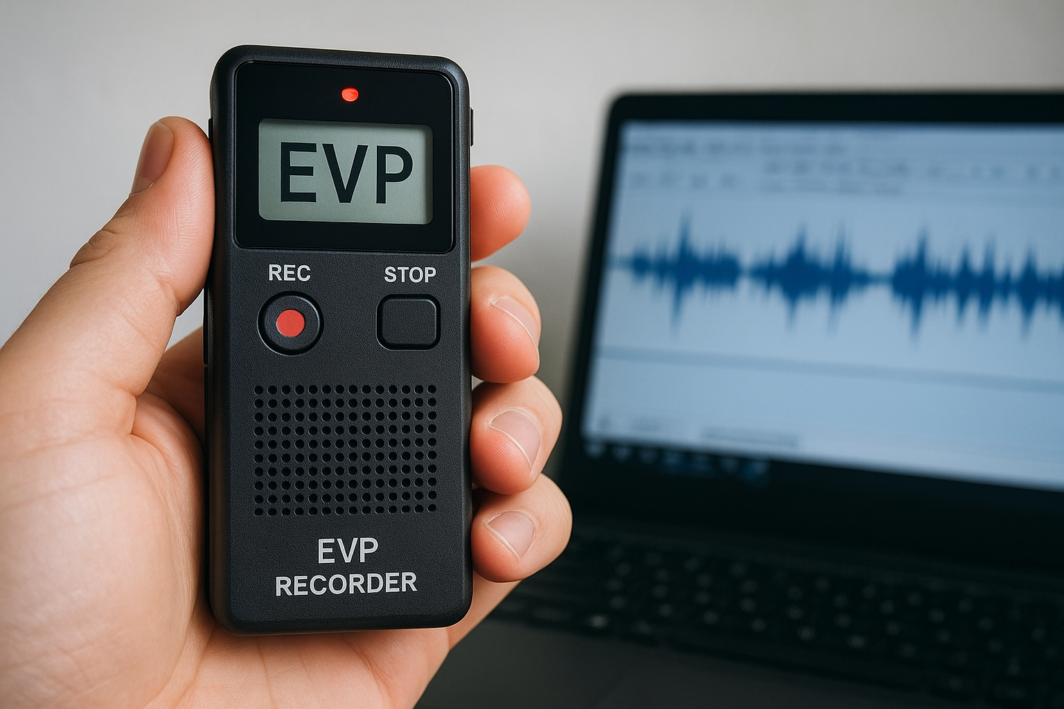 Handheld EVP recorder held in foreground with audio waveform displayed on laptop screen in background