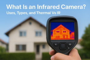 Infrared camera thermal image of a house showing heat patterns, with text about uses, types, and thermal vs IR.