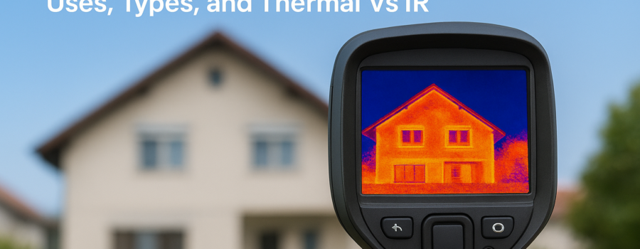Infrared camera thermal image of a house showing heat patterns, with text about uses, types, and thermal vs IR.